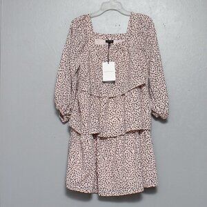 Who what wear nwt pink and black mini leaf print tiered long sleeve dress